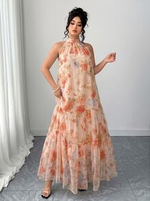Elenzga 大码女士优雅编织无袖花卉网纱连衣裙 - 珊瑚橙 - 查看 4