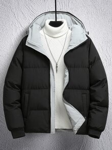 Manfinity Homme Men's Loose Colorblock Hooded Padded Coat, Zipper Closure, Puffer - Black - View 3