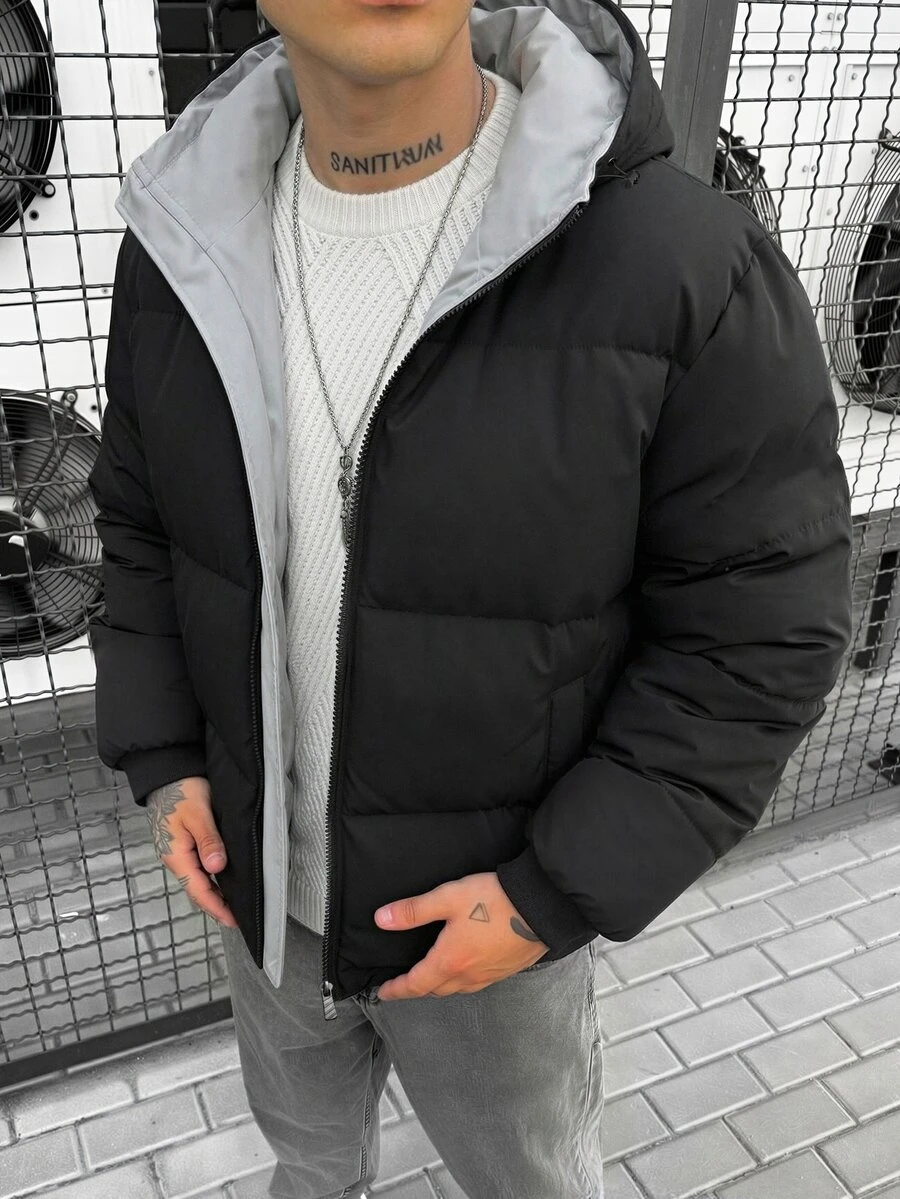 Manfinity Homme Men's Loose Colorblock Hooded Padded Coat, Zipper Closure, Puffer - Black - View 1