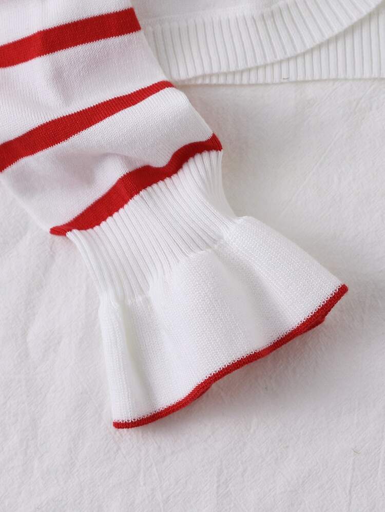 Tween Girl Red Striped Bow Decor Knitted Cardigan - Red - View 5