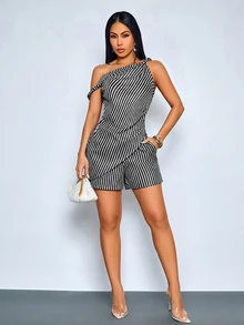 SOLERSUN Women's Chic Black And White Striped Asymmetrical Shoulder Twist Asymmetrical Hem Blouse Shorts With Pockets For Daily Night Out Office Two Pieces Set - Black and White - View 6