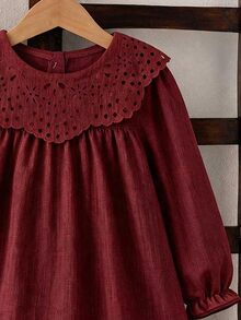 SHEIN 1件女童秋季新款清新風格寬鬆長袖洋裝，彈性袖口、精緻領口花飾、後開口設計，休閒百搭返校穿搭 - 紅色 - 查看 5