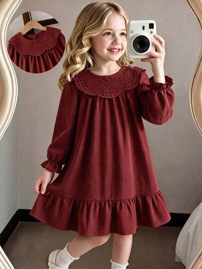 SHEIN Vintaside Kids 1pc Girls' Autumn New Fresh Style Loose Fit Long Sleeve Dress With Elastic Cuffs, Exquisite Collar Flower, Back Opening Design, Casual Versatile Back-To-School Outfit