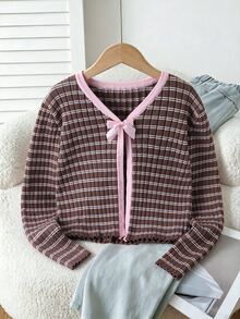 Cardigan Serbaguna untuk Anak Perempuan dengan Hiasan Pita Garis-Garis Merah Muda - Coklat - View 1