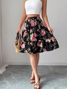Elenzga Women's Pink And Black Elegant Ditsy Floral Ruffle Hem Lined A-Line Skirt,Summer Boho Picnic Vacation Holiday For Casual Beach Date Commute,2026 New - Black - View 3