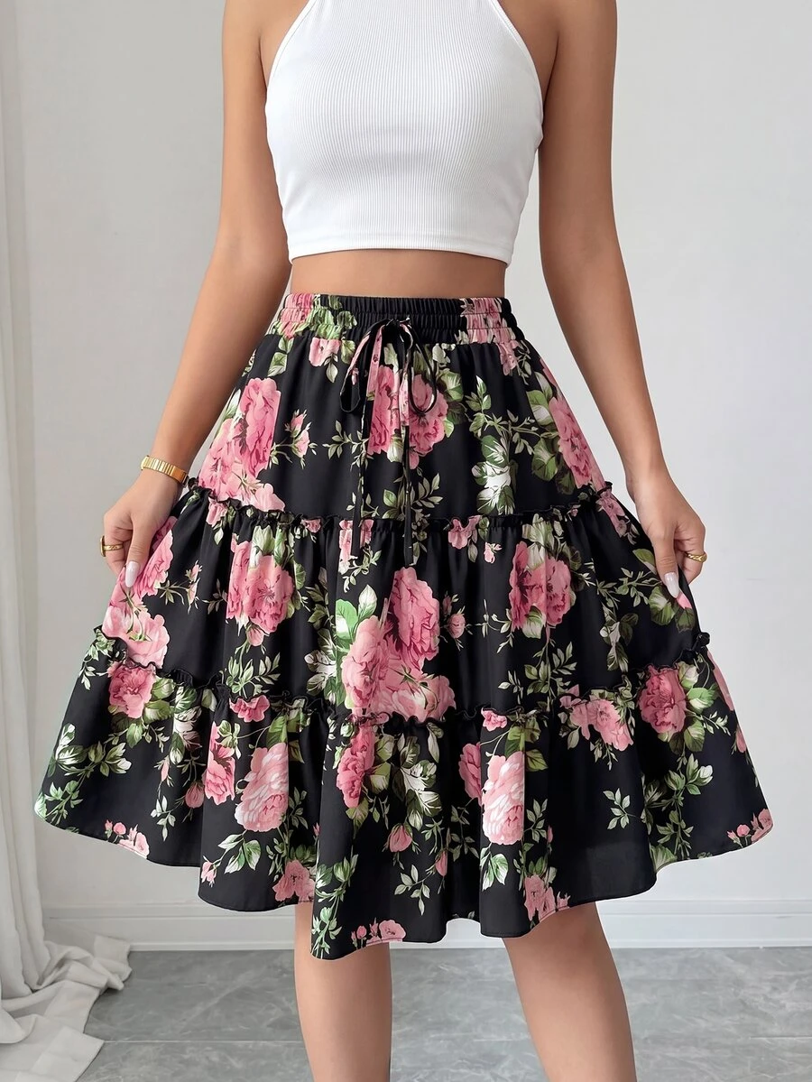 Elenzga Women's Pink And Black Elegant Ditsy Floral Ruffle Hem Lined A-Line Skirt,Summer Boho Picnic Vacation Holiday For Casual Beach Date Commute,2026 New - Black - View 1