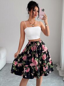 Elenzga Women's Pink And Black Elegant Ditsy Floral Ruffle Hem Lined A-Line Skirt,Summer Boho Picnic Vacation Holiday For Casual Beach Date Commute,2026 New - Black - View 6