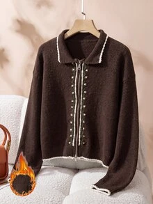 Rusticease Cardigan Rajut Kasual Lengan Panjang Motif Blok Warna untuk Wanita dengan Resleting Depan - Coklat - View 1