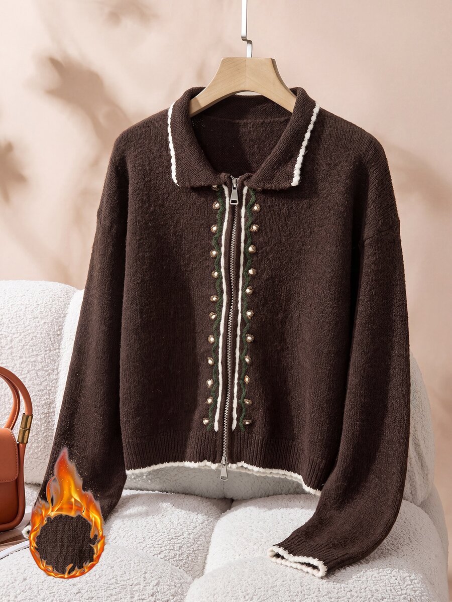 Rusticease Cardigan Rajut Kasual Lengan Panjang Motif Blok Warna untuk Wanita dengan Resleting Depan - Coklat - View 1