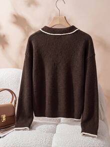 Rusticease Cardigan Rajut Kasual Lengan Panjang Motif Blok Warna untuk Wanita dengan Resleting Depan - Coklat - View 2