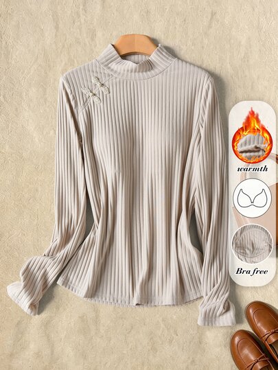 Rusticease Winter Autumn Women's Solid Color Stand Collar Long Sleeve Frog Button Design T-Shirt For Elderly Formal Home Wear Elegante Casual Beige