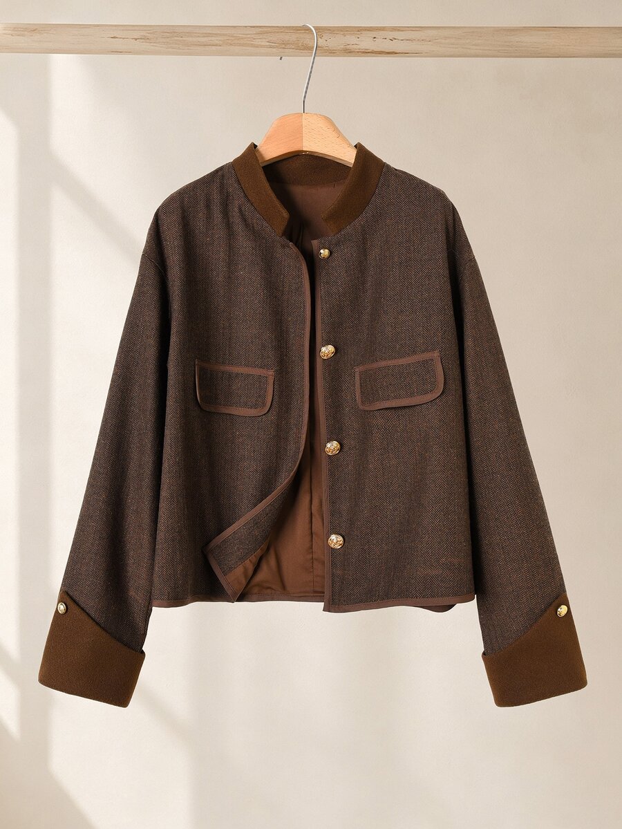 Rusticease Women's Contrast Color Long Sleeve Single-Breasted Casual Regular Fit Jacket - Brown - View 1