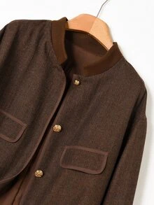 Rusticease Women's Contrast Color Long Sleeve Single-Breasted Casual Regular Fit Jacket - Brown - View 4