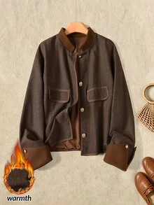Rusticease Women's Contrast Color Long Sleeve Single-Breasted Casual Regular Fit Jacket - Brown - View 3