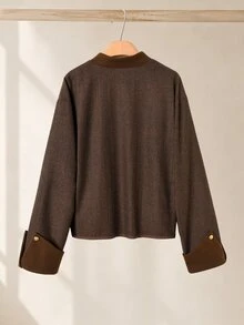 Rusticease Women's Contrast Color Long Sleeve Single-Breasted Casual Regular Fit Jacket - Brown - View 2