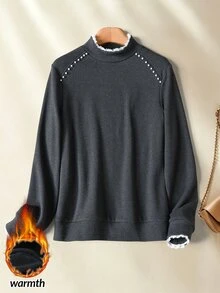 Rusticease Middle-Aged Women's Faux Pearl Decor Stand Collar Long Sleeve T-Shirt - Black - View 1