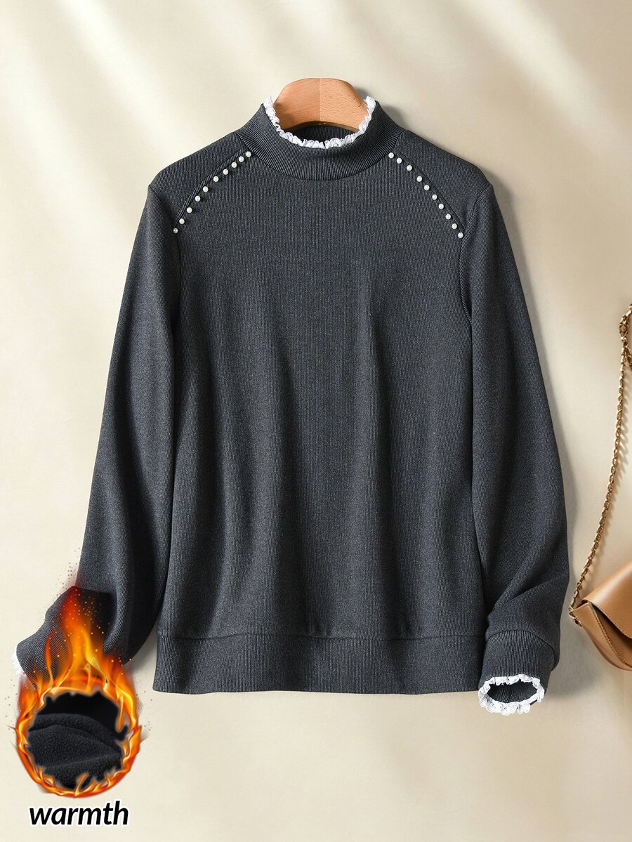 Rusticease Middle-Aged Women's Faux Pearl Decor Stand Collar Long Sleeve T-Shirt - Black - View 1