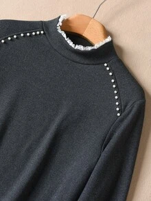Rusticease Middle-Aged Women's Faux Pearl Decor Stand Collar Long Sleeve T-Shirt - Black - View 3