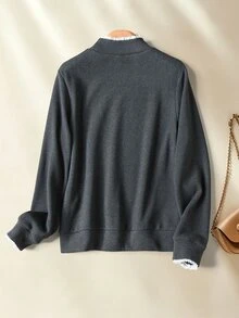Rusticease Middle-Aged Women's Faux Pearl Decor Stand Collar Long Sleeve T-Shirt - Black - View 2