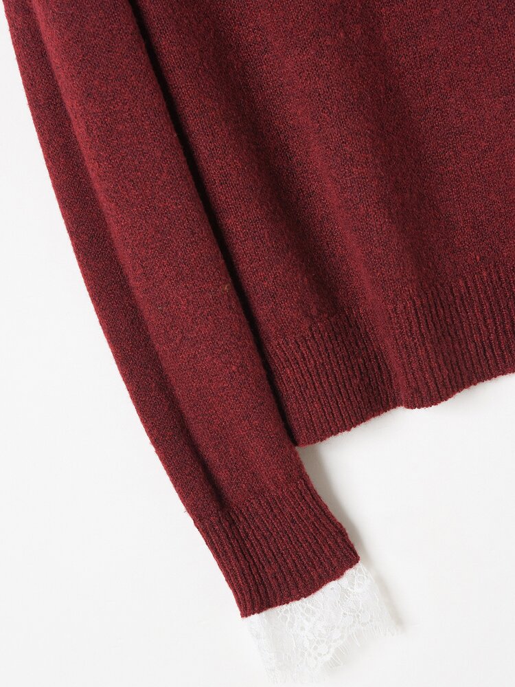 Rusticease Middle-Aged Women Contrast Lace Button Half-Placket Long Sleeve Sweater - Red - View 5