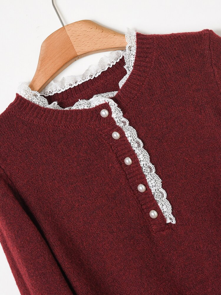 Rusticease Middle-Aged Women Contrast Lace Button Half-Placket Long Sleeve Sweater - Red - View 4