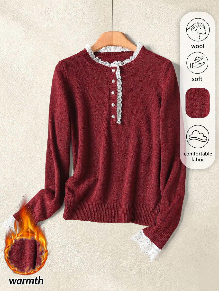 Rusticease Middle-Aged Women Contrast Lace Button Half-Placket Long Sleeve Sweater - Red - View 1