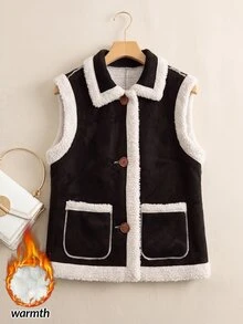 Rusticease Jaket Musim Gugur/Musim Dingin Wanita, Jaket Rompi Kancing Warna Kontras Patchwork Mewah Nyaman untuk Wanita, Hitam Putih, Gaya Retro Musim Gugur Terinspirasi Era 70-an - Coklat - View 1
