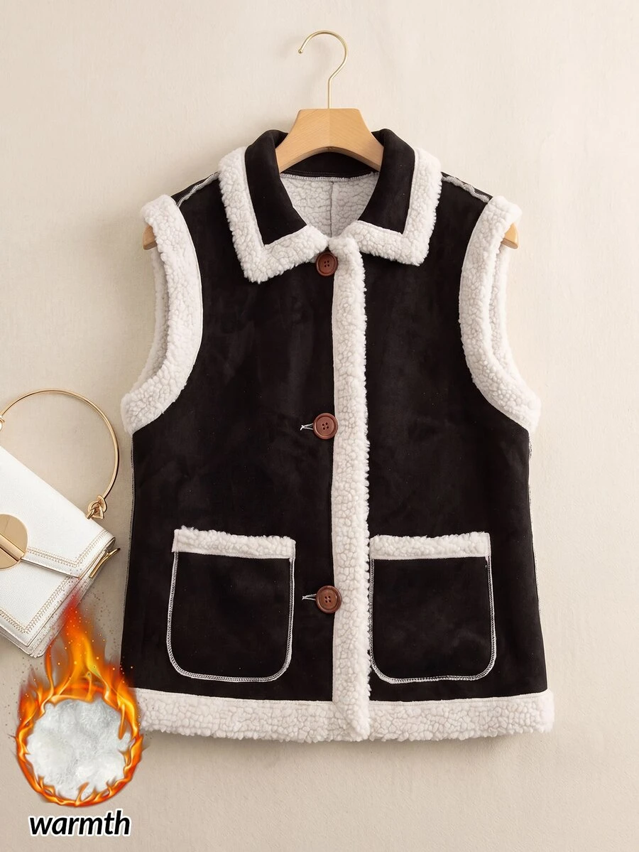 Rusticease Jaket Musim Gugur/Musim Dingin Wanita, Jaket Rompi Kancing Warna Kontras Patchwork Mewah Nyaman untuk Wanita, Hitam Putih, Gaya Retro Musim Gugur Terinspirasi Era 70-an - Coklat - View 1