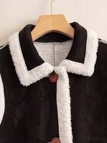 Rusticease Jaket Musim Gugur/Musim Dingin Wanita, Jaket Rompi Kancing Warna Kontras Patchwork Mewah Nyaman untuk Wanita, Hitam Putih, Gaya Retro Musim Gugur Terinspirasi Era 70-an - Coklat - View 3