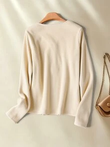 Rusticease Women's Solid Color V-Neck Button Half-Placket Long Sleeve Casual Top - Khaki - View 2