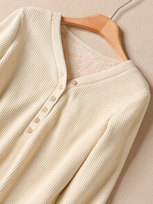 Rusticease Women's Solid Color V-Neck Button Half-Placket Long Sleeve Casual Top - Khaki - View 3