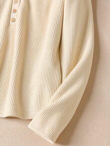 Rusticease Women's Solid Color V-Neck Button Half-Placket Long Sleeve Casual Top - Khaki - View 4