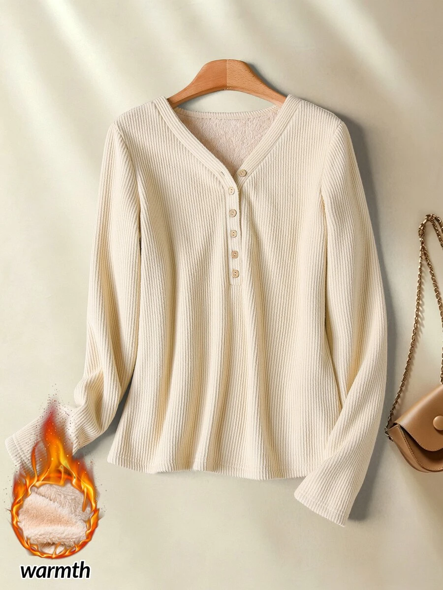 Rusticease Women's Solid Color V-Neck Button Half-Placket Long Sleeve Casual Top - Khaki - View 1