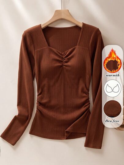 Rusticease Middle-Aged Women Solid Color Pleated Casual Daily T-Shirt
