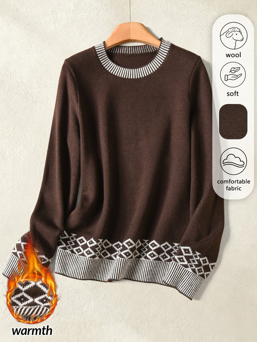 Rusticease Middle-Aged And Elderly Women Patchwork Geometric Pattern Round Neck Long Sleeve Sweater - Rust Brown - View 1