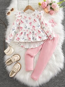 Elladie kids 女童 T-shirt 套裝，粉色，上衣 + 長褲 2 件組，寬鬆版型，日常穿著，時尚百搭，休閒，領口，圓領，印花，拉鍊，舒適，秋季，可愛 - 粉色 - 查看 4