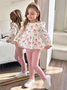 Elladie kids 女童 T-shirt 套裝，粉色，上衣 + 長褲 2 件組，寬鬆版型，日常穿著，時尚百搭，休閒，領口，圓領，印花，拉鍊，舒適，秋季，可愛 - 粉色 - 查看 2