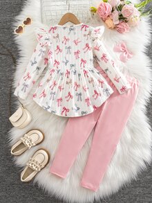 Elladie kids 女童 T-shirt 套裝，粉色，上衣 + 長褲 2 件組，寬鬆版型，日常穿著，時尚百搭，休閒，領口，圓領，印花，拉鍊，舒適，秋季，可愛 - 粉色 - 查看 3