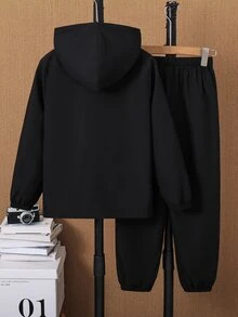 SHEIN 2件組兒童青少年男孩休閒運動圖案黑色連帽保暖內裡夾克褲套裝，適合通勤、上學、日常穿著、度假、旅行、運動，秋冬季適用 - 黑色 - 查看 3