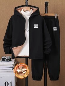 SHEIN 2件組兒童青少年男孩休閒運動圖案黑色連帽保暖內裡夾克褲套裝，適合通勤、上學、日常穿著、度假、旅行、運動，秋冬季適用 - 黑色 - 查看 2