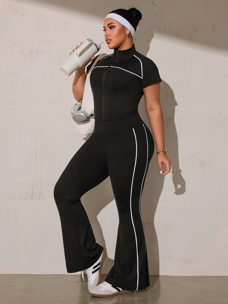 SHEIN Rhythm Era Women's Plus Size Zipper Front Short Sleeve T-Shirt And Flare Pants Sports Set - Black - View 1