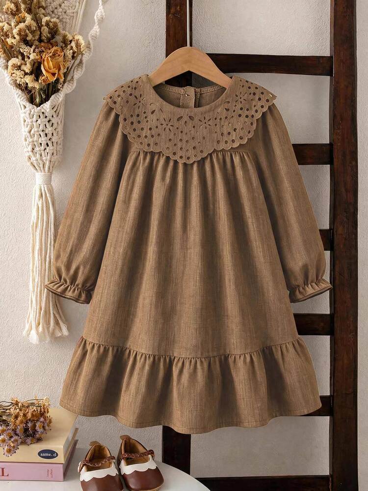 SHEIN 1pc Girls' Autumn New Fresh Style Loose Fit Long Sleeve Dress With Elastic Cuffs, Delicate Collar, Back Opening Design, Casual Versatile Back-To-School Outfit - Brown - View 3