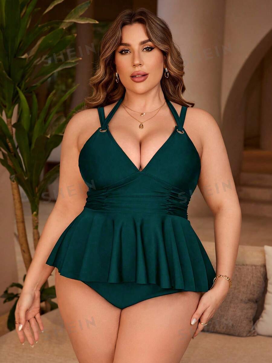 SHEIN Swim Curve Plus Size Summer Beach Solid Ruched Tankini Set