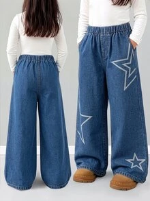 Big Tween Girl Girls Distressed Blue Washed Denim Jeans With Star Print And Star Embossing, Straight Leg Jeans, Suitable For School And Daily Wear - Medium Wash - View 1