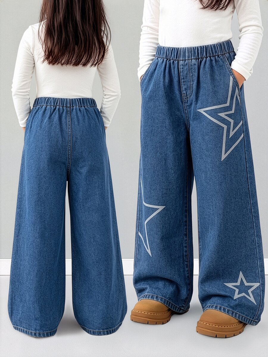 Big Tween Girl Girls Distressed Blue Washed Denim Jeans With Star Print And Star Embossing, Straight Leg Jeans, Suitable For School And Daily Wear - Medium Wash - View 1