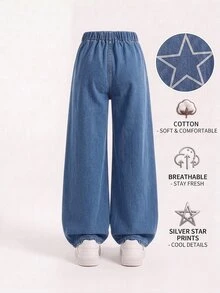 Big Tween Girl Girls Distressed Blue Washed Denim Jeans With Star Print And Star Embossing, Straight Leg Jeans, Suitable For School And Daily Wear - Medium Wash - View 2