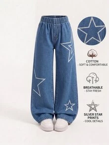 Big Tween Girl Girls Distressed Blue Washed Denim Jeans With Star Print And Star Embossing, Straight Leg Jeans, Suitable For School And Daily Wear - Medium Wash - View 3