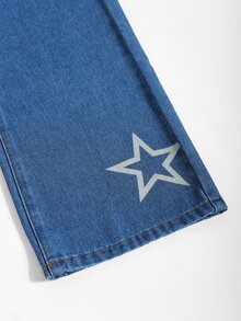 Big Tween Girl Girls Distressed Blue Washed Denim Jeans With Star Print And Star Embossing, Straight Leg Jeans, Suitable For School And Daily Wear - Medium Wash - View 4
