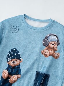 SHEIN Elladie kids 女童 2 件組休閒圓領衛衣套裝，純色海軍藍與丹寧印花可選，寬鬆落肩版型，抓絨內裡，厚實毛茸茸，簡約優雅圓領，適合日常通勤、外出與購物，百搭且易打造休閒隨性造型 - 彩色 - 查看 6