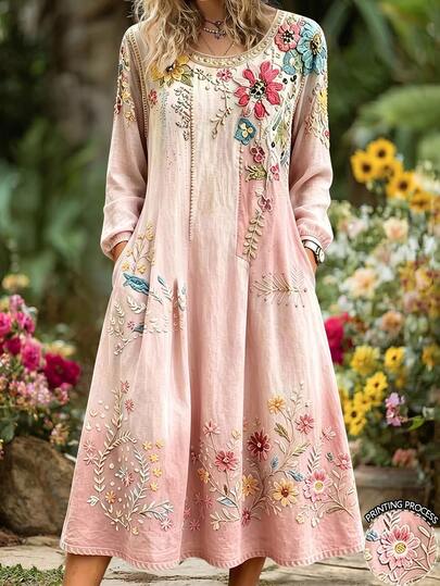Selamara Gaun Liburan Kasual Motif Bunga Boho untuk Wanita, Pesta Kebun, Makan Siang, Musim Gugur